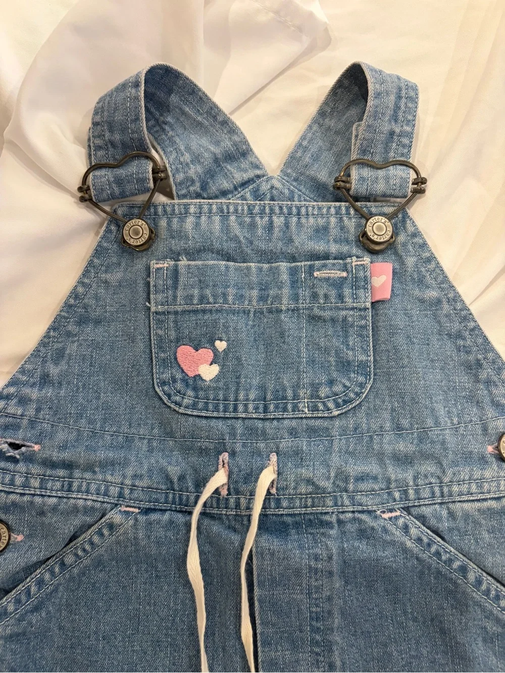 Carters Vintage Girls Denim Heart Embroidered Short Overalls size 2t